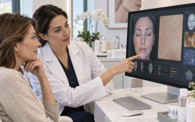 Dermatologa mostra a una paziente l’analisi digitale della pelle durante un controllo cutaneo.