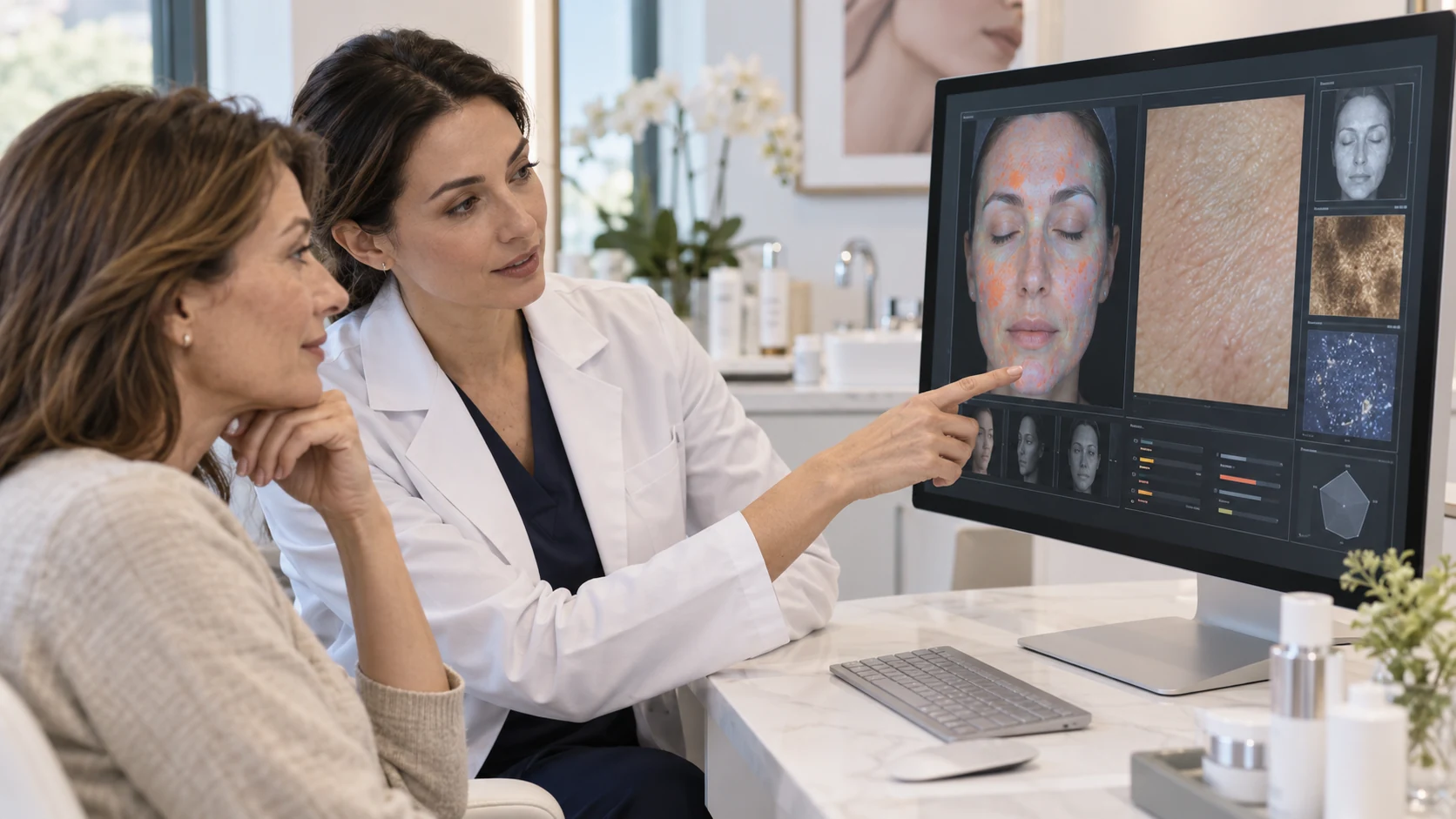 Stress ossidativo e inflammaging nella skin longevity Dermatologa mostra a una paziente l’analisi digitale della pelle durante un controllo cutaneo.